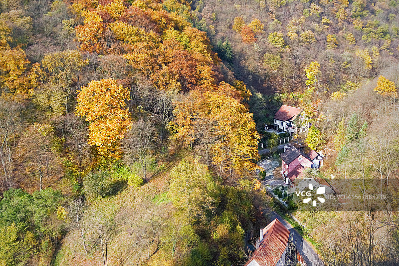 秋季落叶林村庄俯瞰图图片素材