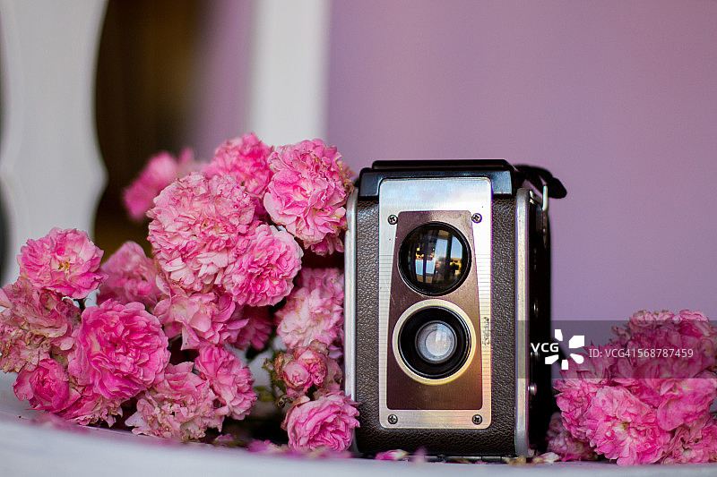 带有鲜花的复古相机图片素材