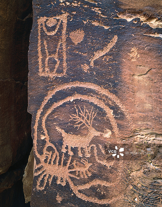 犹他州九英里峡谷岩石雕刻上的弹痕细节照片图片素材