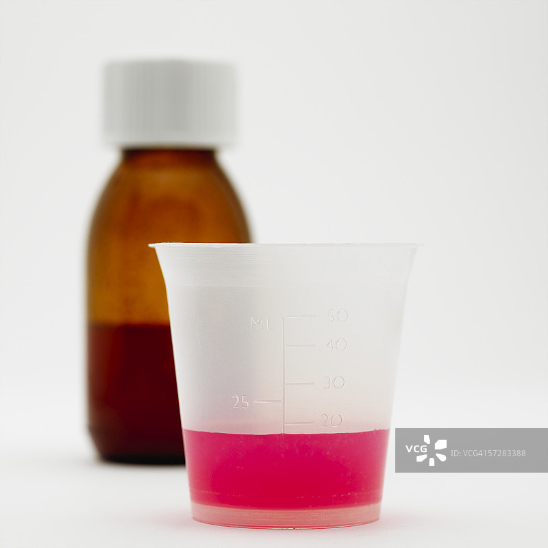 杯中糖浆特写，背景为药瓶图片素材