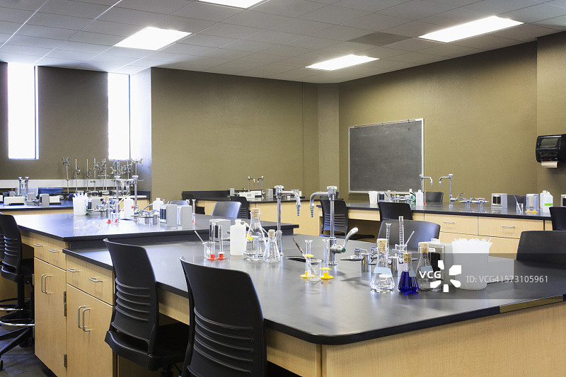 科学实验室教室里的空桌子图片素材