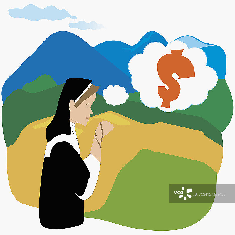 修女思考美元符号的侧面轮廓图片素材