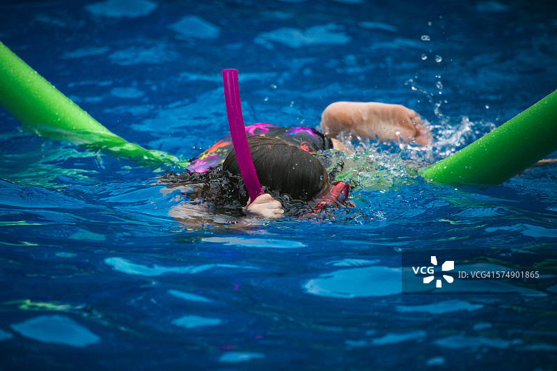 戴着护目镜和呼吸管在游泳池里游泳的女孩图片素材