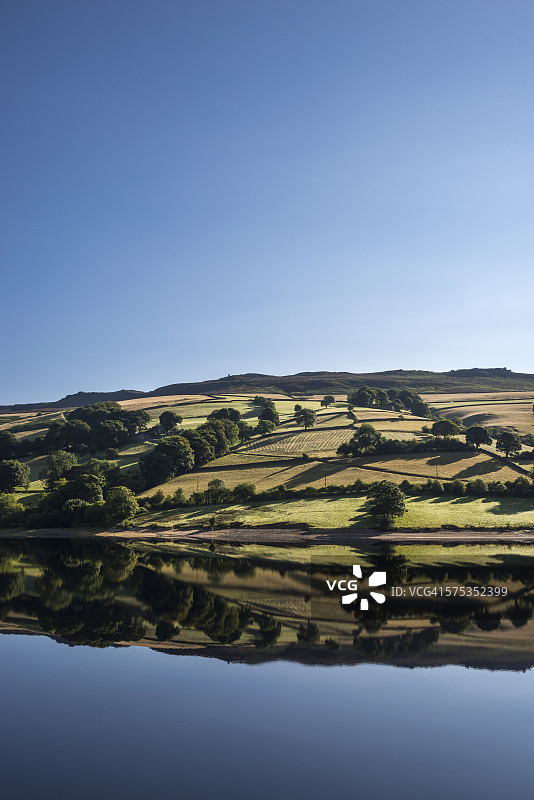 德比郡莱迪鲍尔水库山丘倒影图片素材