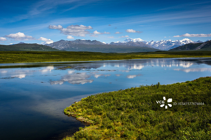蓝天白云下的湖面倒影山景图片素材