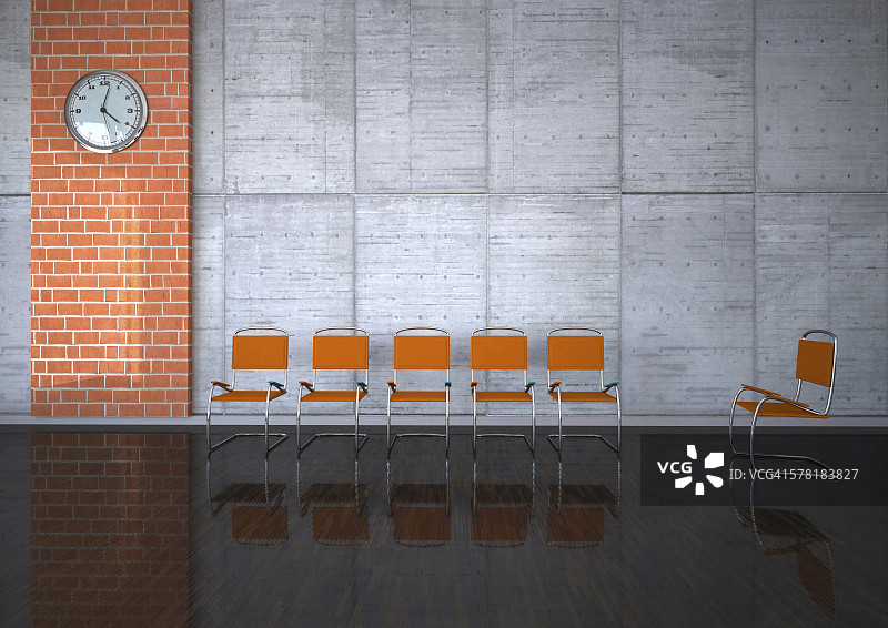 带有橙色椅子和挂钟的治疗室3D渲染图片素材