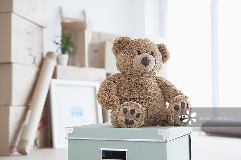 泰迪熊坐在纸箱上，前方堆放着纸板箱图片素材