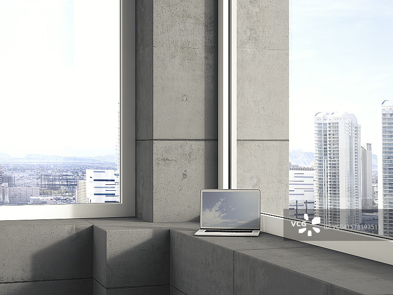 现代高层建筑窗台上的笔记本电脑3D渲染图片素材