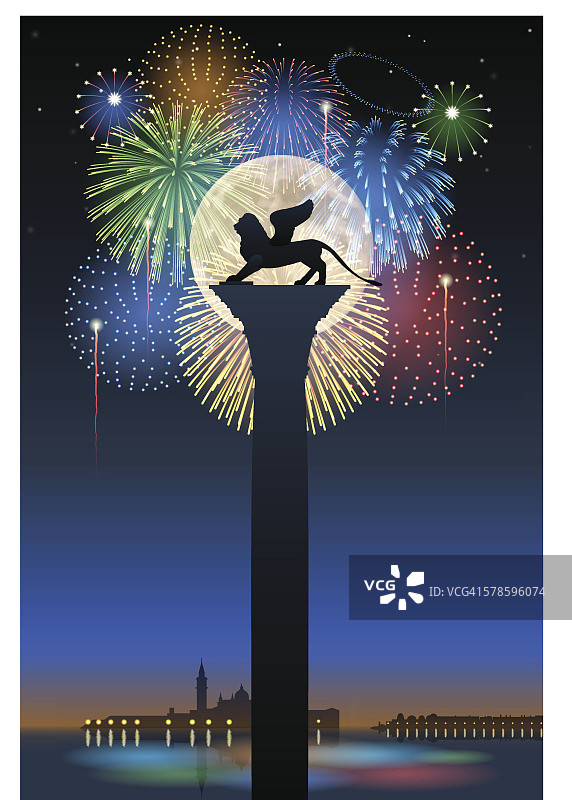 救世主节：烟花与满月图片素材