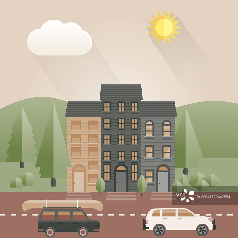 扁平设计城市景观与山脉图片素材