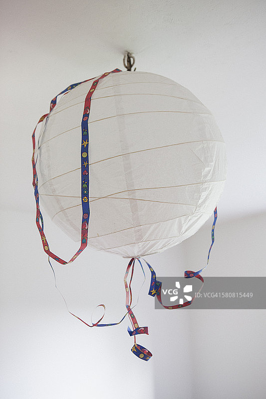 悬挂在天花板上，装饰着彩带的纸灯笼图片素材