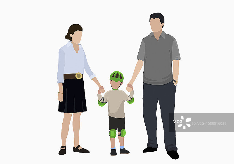 运动装男孩与父母牵手插画图片素材