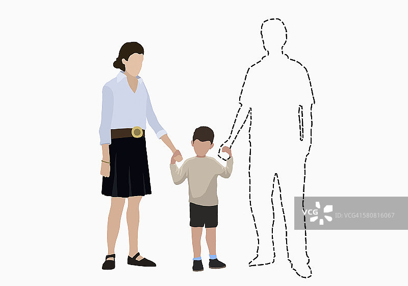 一家人牵着失踪父亲的手的示意图，白色背景图片素材