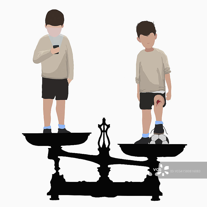男孩在体重秤上，一个拿着手电筒，另一个拿着足球插画图片素材