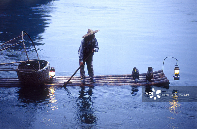 中国桂林漓江日落时分的鸬鹚捕鱼景象图片素材