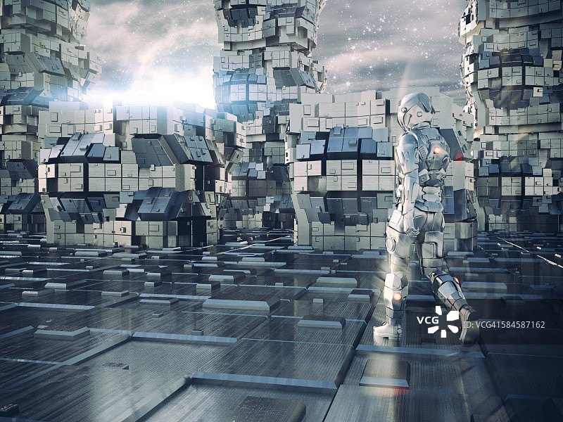 行走在外星未来城市的宇航员图片素材