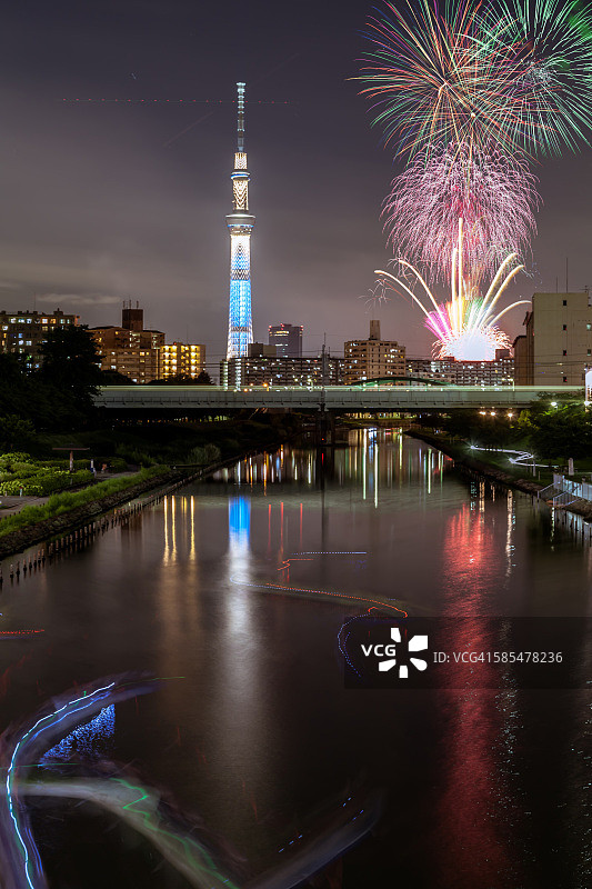 东京隅田川烟花与天空树图片素材