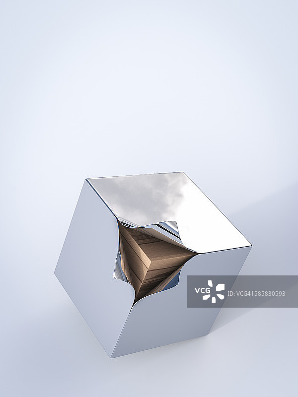 内部带有木板的金属立方体3D渲染图片素材