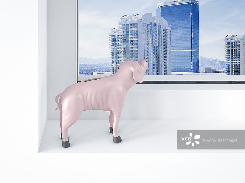 透过窗户看外面的小猪存钱罐图片素材