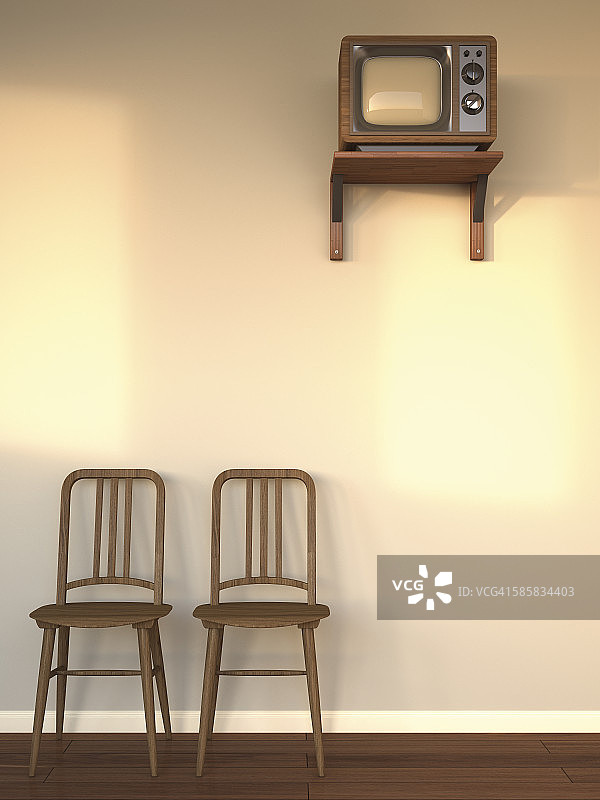 酒店房间：老式电视和木椅的3D渲染图图片素材