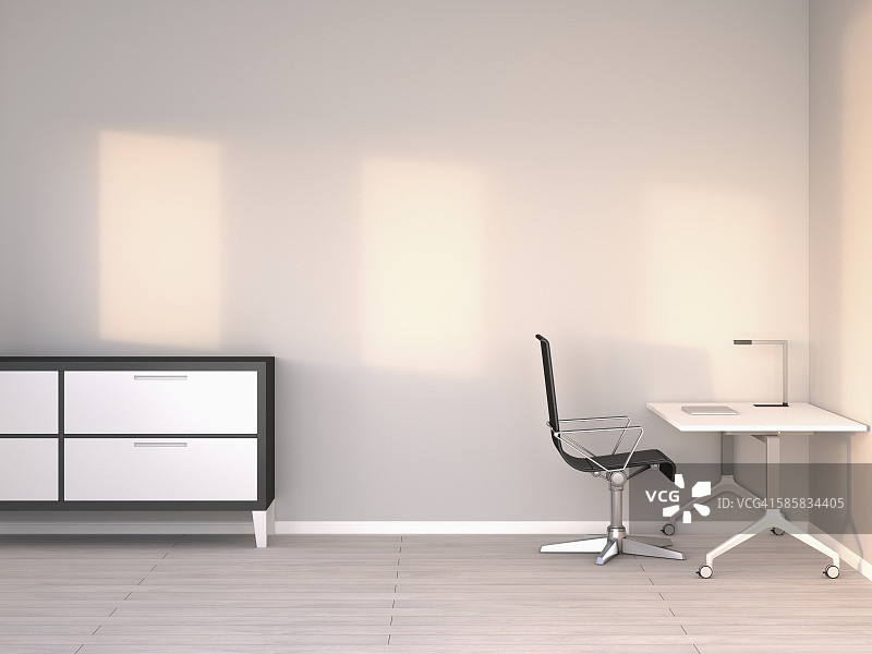 暮光下的现代空旷办公室，3D渲染图片素材