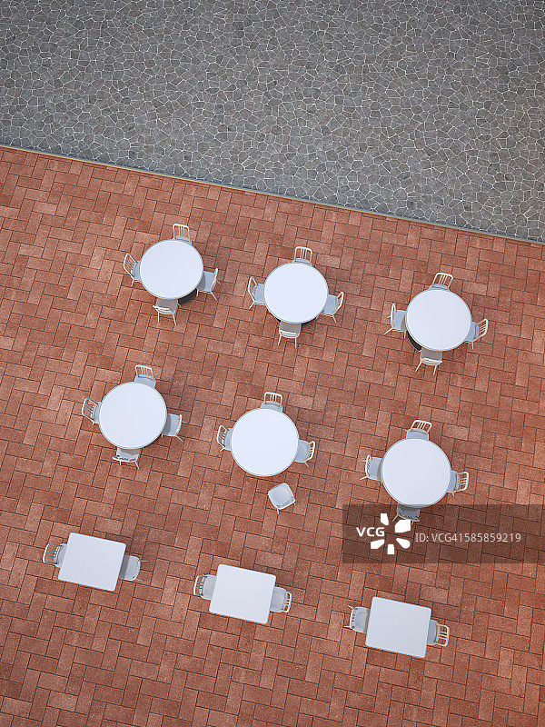 空旷的露天咖啡馆的白色桌椅，3D渲染图片素材