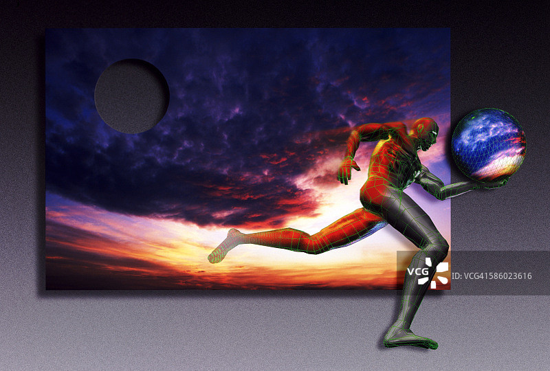 男人拿着地球仪逃跑图片素材