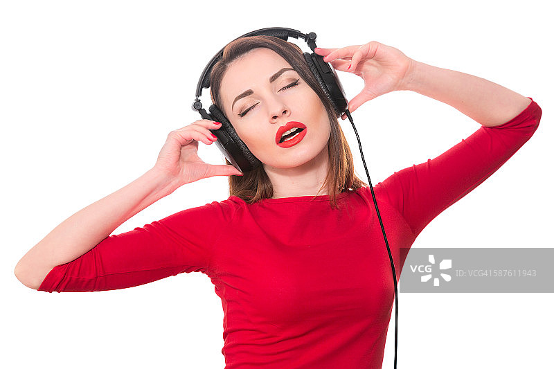 有红口红和红衣服的漂亮女孩图片素材