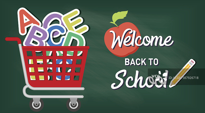 装满返校用品和文字的购物车图片素材