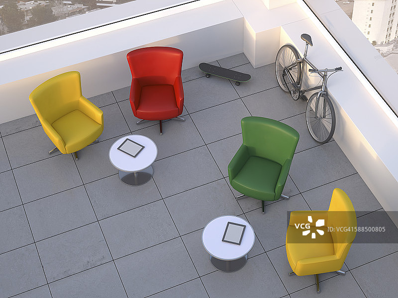 配有四把转椅、滑板和山地自行车的现代会议室（3D渲染）图片素材