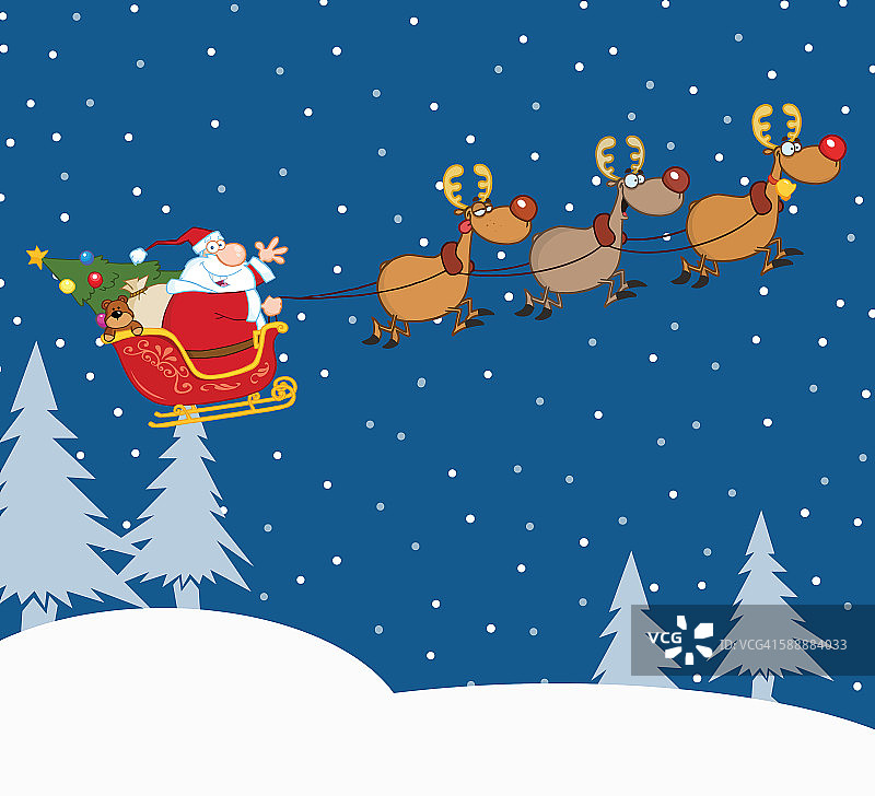 圣诞老人乘坐驯鹿雪橇飞行图片素材