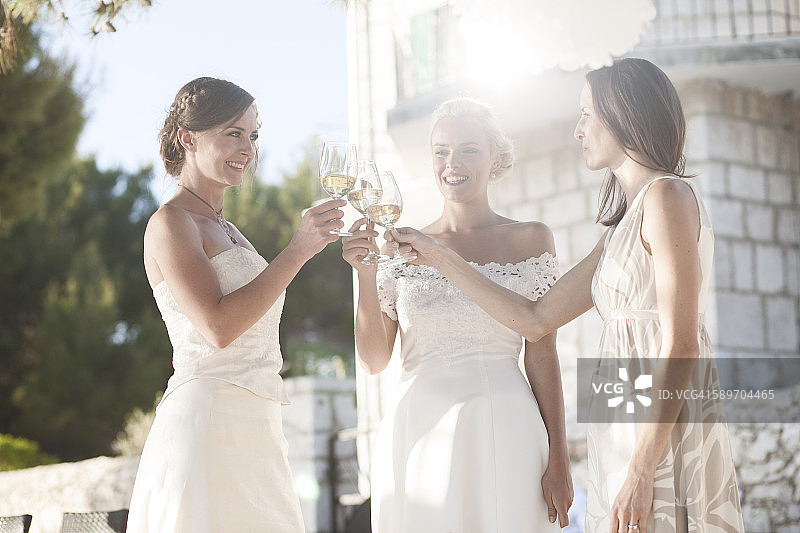 在婚礼派对上敬酒的新娘和伴娘图片素材