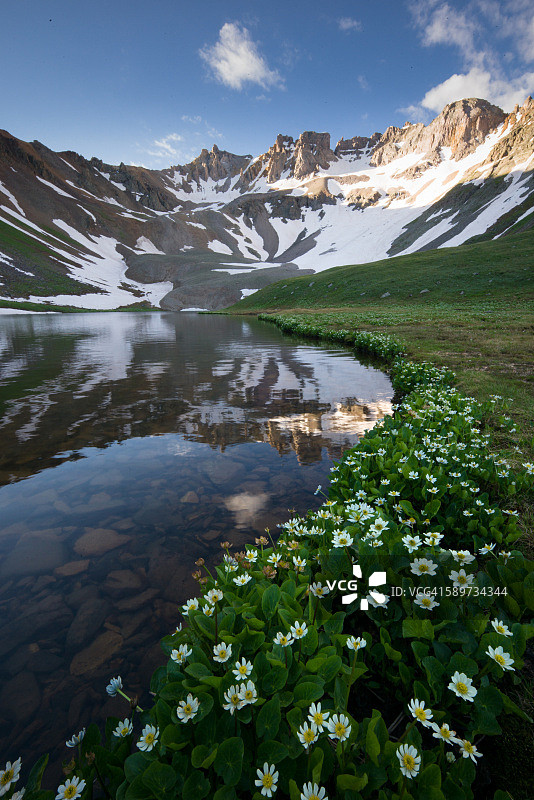 蓝色湖泊与鲜花图片素材
