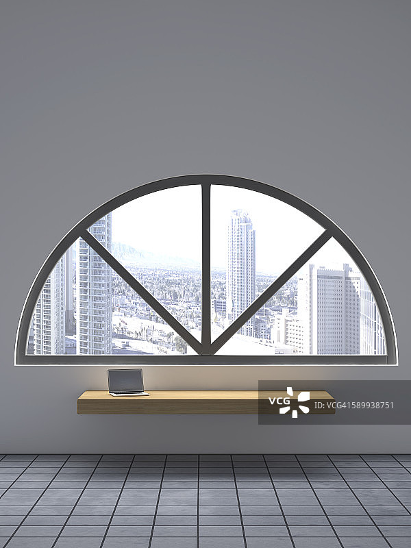 圆形拱窗下木凳上的笔记本电脑2.5D渲染图片素材