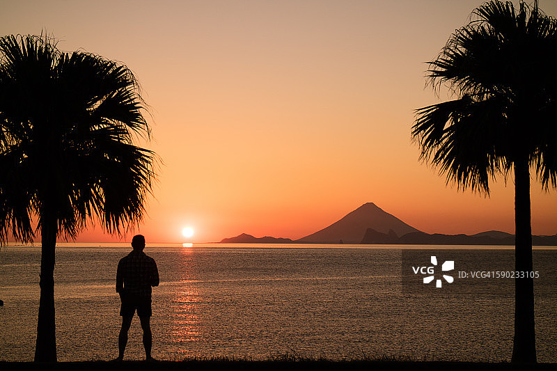 在海边观看日落，远处有山和棕榈树图片素材