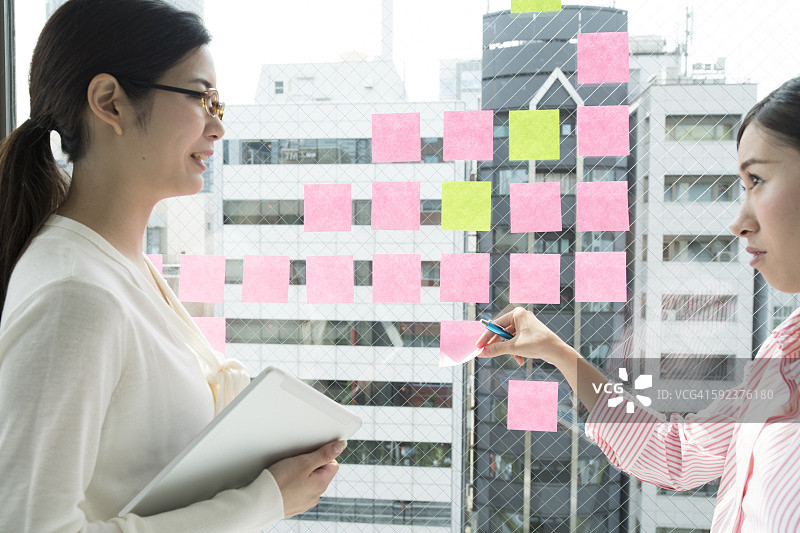 看着便利贴开会的商务女性图片素材