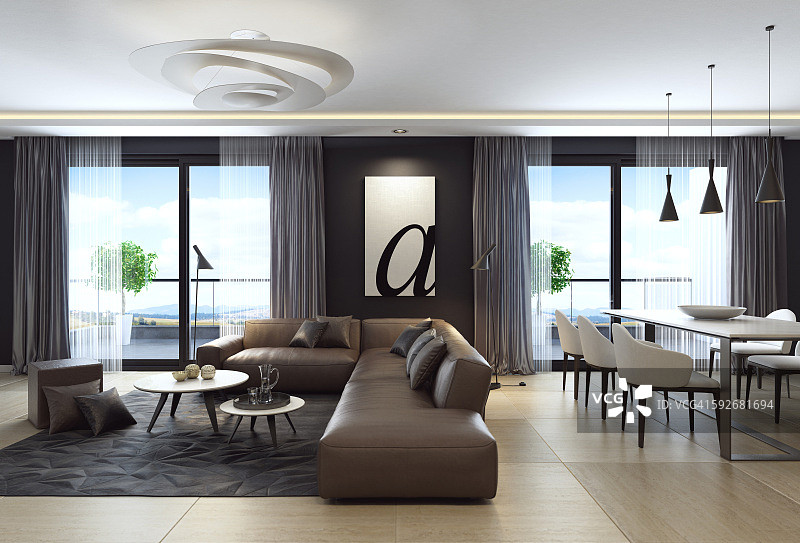 现代黑色奢华公寓，配有皮革沙发图片素材