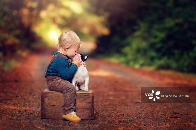 亲吻新小狗的金发幼儿图片素材