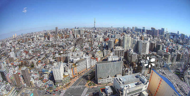东京城市鱼眼景观，远处是晴空塔图片素材