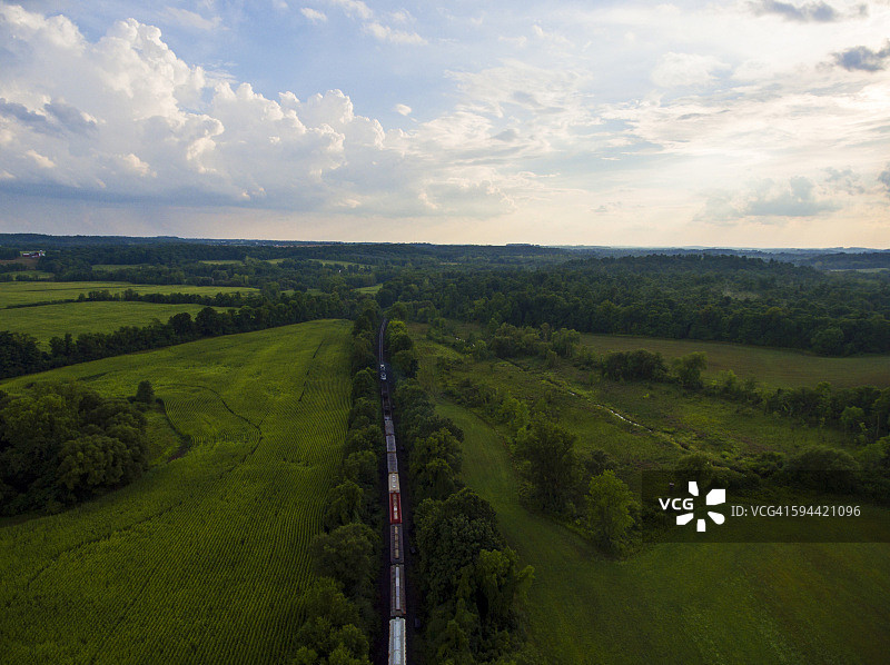 货运列车沿轨道行驶的空中俯瞰图片素材