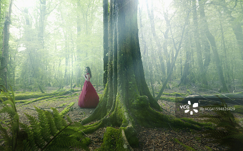 身穿晚礼服的中东妇女在森林里图片素材