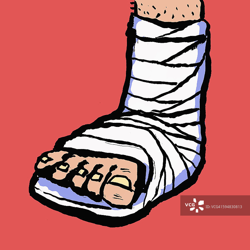 红色背景下缠着绷带的腿部插画图片素材