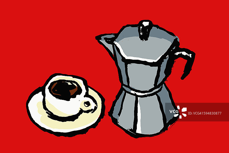 红色背景下的意式咖啡机和咖啡杯插画图片素材