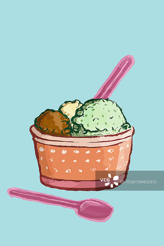 蓝色背景下的冰淇淋杯插画图片素材