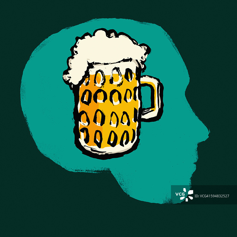 人头中品脱啤酒杯的插图，绿色背景图片素材