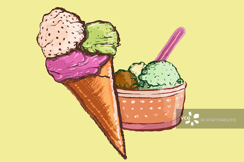 黄色背景下的各种冰淇淋插画图片素材