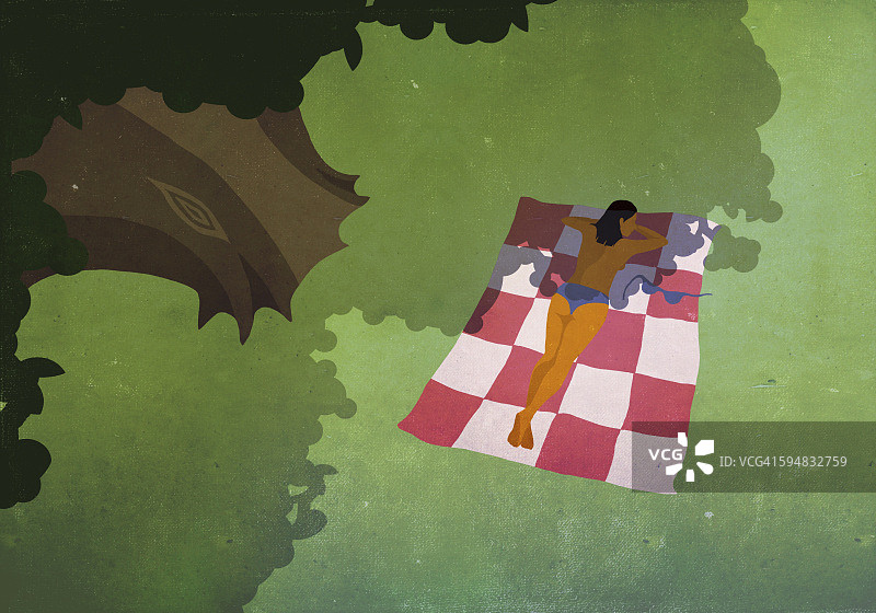 在公园里晒日光浴的女人插画图片素材