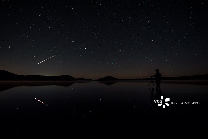 流星划过，男子在湖边架设相机图片素材