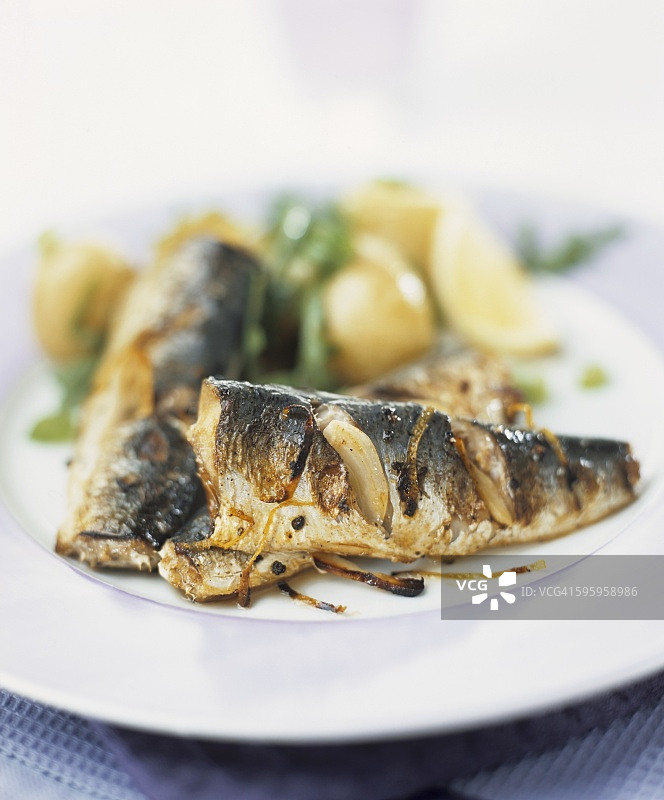 洋葱土豆火箭菜香煎沙丁鱼图片素材