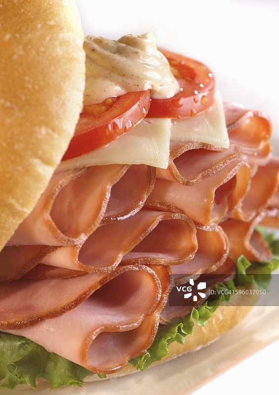 瑞士奶酪、番茄和第戎芥末火腿三明治图片素材